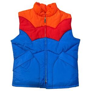 Vintage 70s Puffer Vest Weather Watcher Retro Red Orange Blue Puffy Nylon Size M